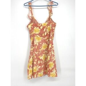 WAYF Women's Floral Linen Blend Mini‎ Dress Coral Yellow - Size S